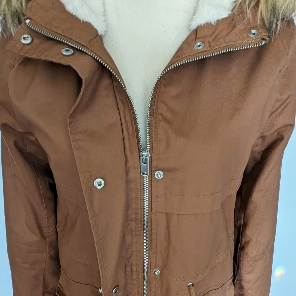Love Tree Boutique Brown Faux Fur Trimmed Hood Sherpa Lined Jacket Coat Small - Picture 9 of 13